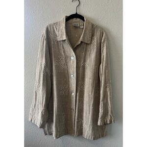Chicos Design Shirt Jacket Blouse Sz 3 Embroidered Silk Beige Lagenlook Cottage